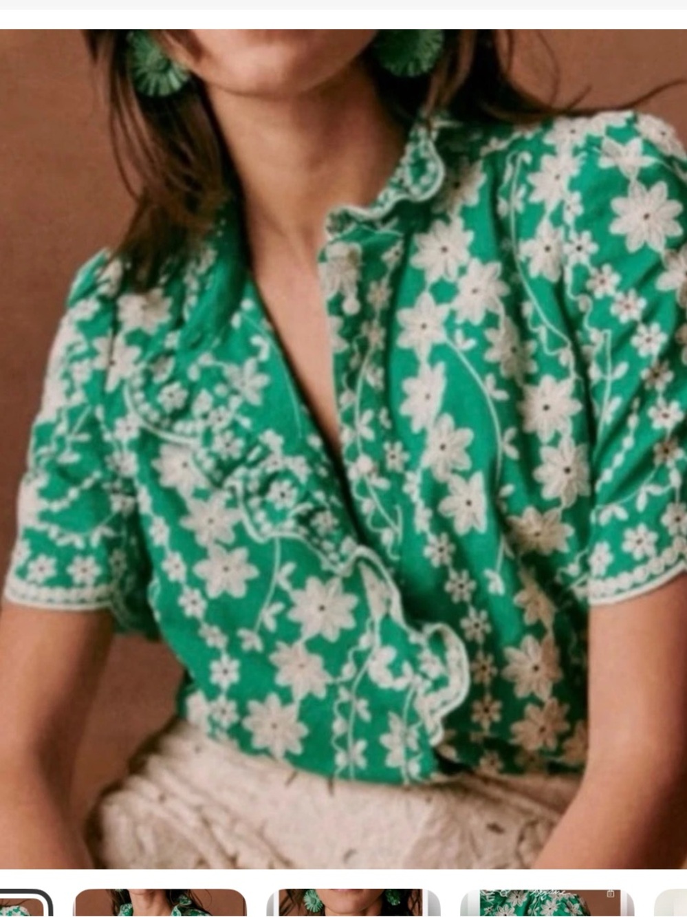 Sézane Green Dahlia Blouse Ecru Embroidery Short Sleeve Ruffle Med French 38/US6 - Picture 3 of 11